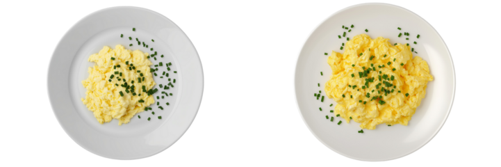 Set of a Scrambled eggs with chives on a white plate, isolated on transparent background.
