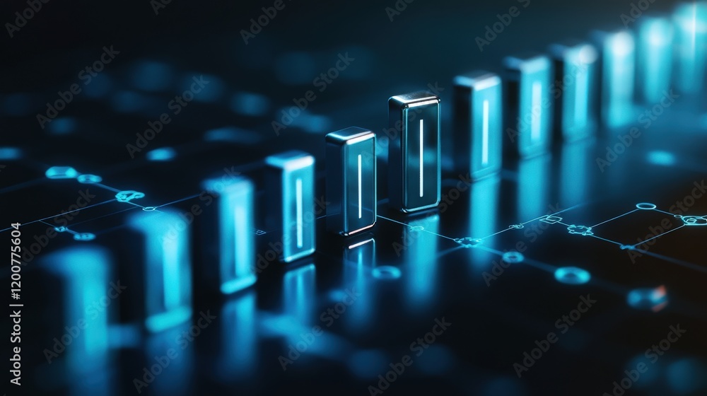 Aufkleber futuristic data visualization concept with neon bars and digital network background, representing te