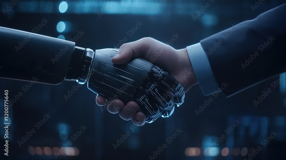 Poster futuristic collaboration between human hand and robotic hand representing advanced technology and pa
