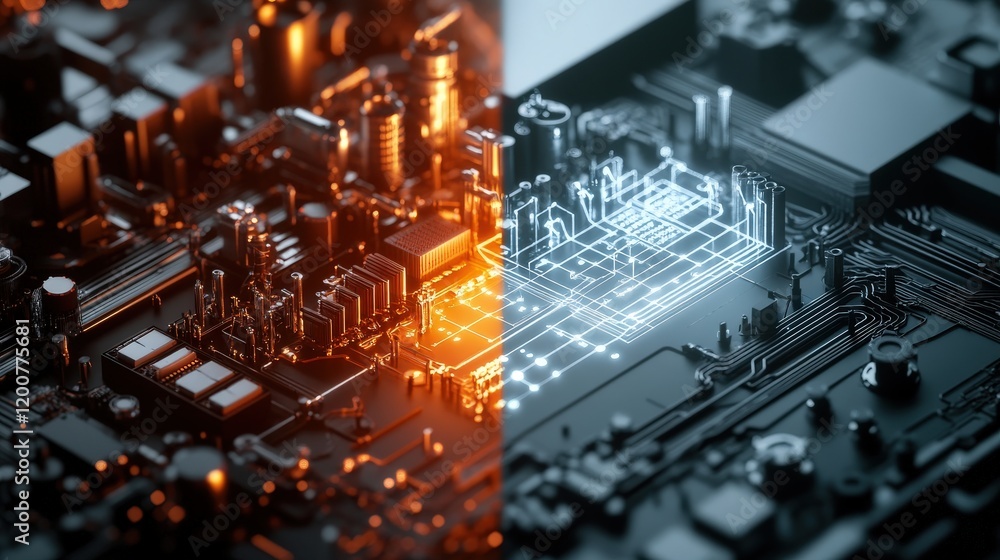 Poster Futuristic Circuit Board Design Showcasing a Split Between Orange and Blue Lights, Highlighting Advanced Technology and Electronic Components in a Modern Digital Landscape