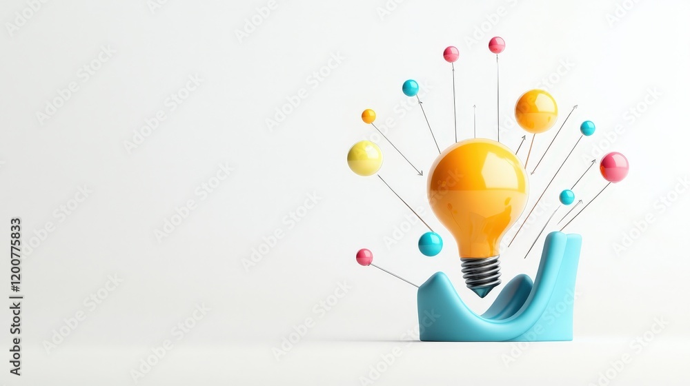 Poster creative light bulb concept with colorful spheres and dynamic lines representing innovation, ideas, 