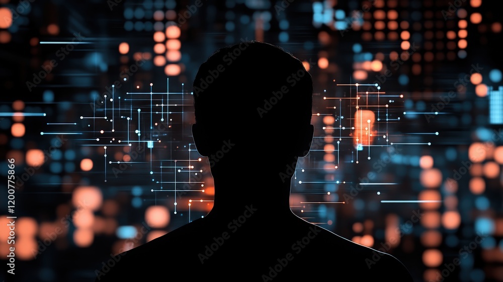 Poster Silhouette of a Person Against a Futuristic Digital Background with Glowing Data Streams and Geometric Patterns in Blue and Orange Colors