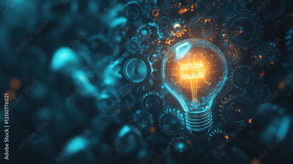 Poster glowing light bulb surrounded by mechanical gears and circuits, symbolizing innovation, creativity, 