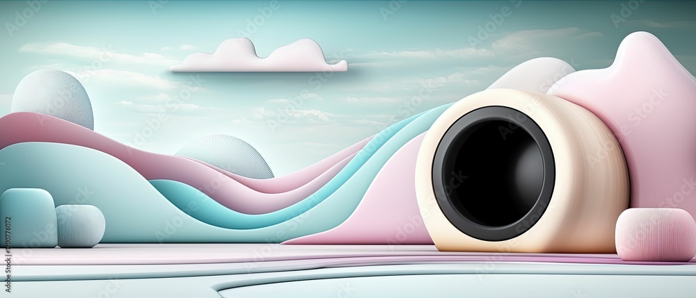 Poster a colorful, abstract landscape featuring soft shapes and a speaker-like object, creating a harmoniou