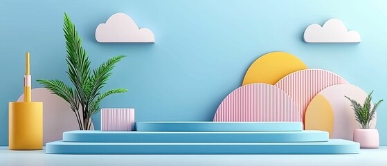 Fototapeta premium A vibrant, modern display featuring geometric shapes, clouds, plants, and playful colors against a light blue backdrop.