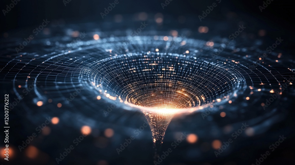Fototapete Futuristic Abstract Representation of a Black Hole with Glowing Particles and Network Lines Creating a Sense of Depth and Cosmic Wonder in a Dark Starry Background