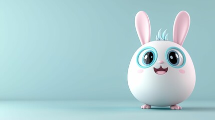 A cute, cartoonish rabbit character with big glasses, large eyes, and a round body, set against a soft blue background.