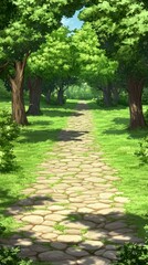 Obraz premium Sun-dappled stone path winding through a lush green summer forest