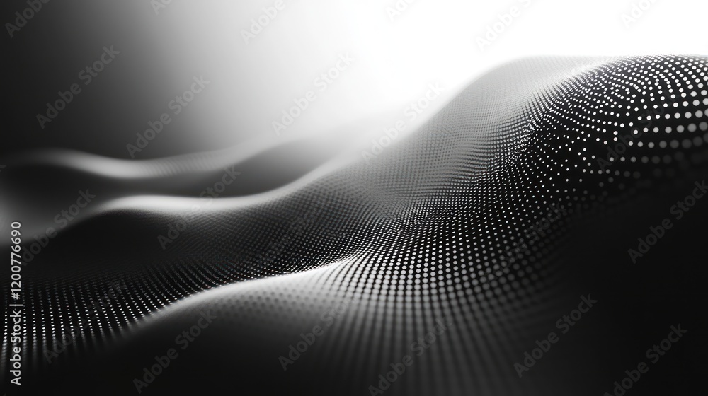 Poster abstract grayscale undulating digital landscape of particles.