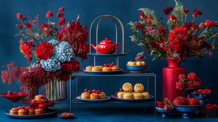 A serene scene of a tea ceremony being performed alongside plates of mooncakes and sweet pastries on a table adorned with flowers and Chinese New Year-themed decor 