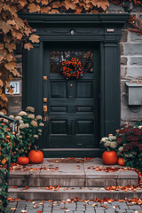 Naklejka premium Charming front door decorated for fall with vibrant flowers and pumpkins