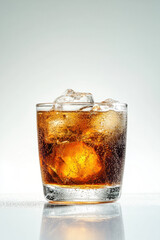 Glass of sparkling cola on ice, showcasing a refreshing cold beverage with bubbles and a clear, glowing background.