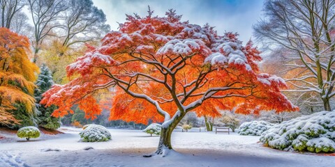 Fototapeta premium Winter Wonderland: Panoramic View of a Snow-Covered Maple in a Woodland Garden, Capturing the Essence of Seasonal Beauty and Tranquility in Nature