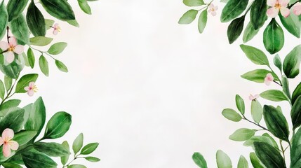 Blossoms watercolor concept. Elegant floral frame design featuring green leaves and delicate flowers.