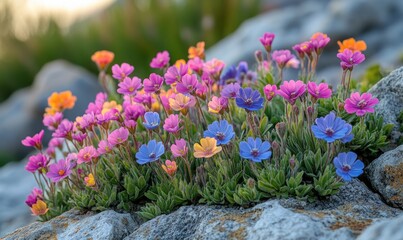 Obraz premium Colorful wildflowers blooming on rocky outcrop.