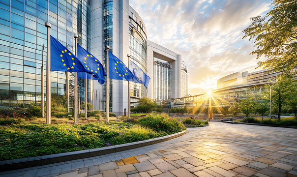A modern European business district with glass buildings, EU flags, and green trees under a clear blue sky, symbolizing progress, unity, and sustainable urban planning