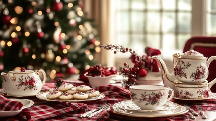 Fototapeta premium Festive Christmas tea party setting, indoors, near tree