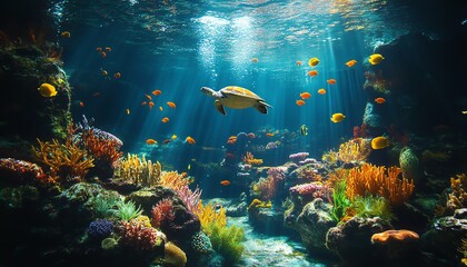 A beautiful underwater scene with a sea turtle swimming past colorful coral reefs and vibrant fish, crystalclear blue ocean, cinematic lighting, stunning clarity