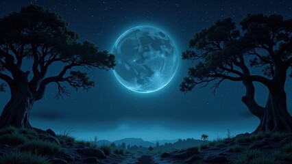A luminous blue moon dominates the night, casting an ethereal glow over a star-studded, deep-blue sky. Two silhouetted trees frame this celestial spectacle, enhancing its mystique.  