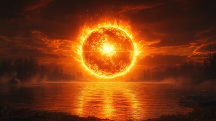 Fiery sun, lake reflection, dark trees, apocalyptic scene.