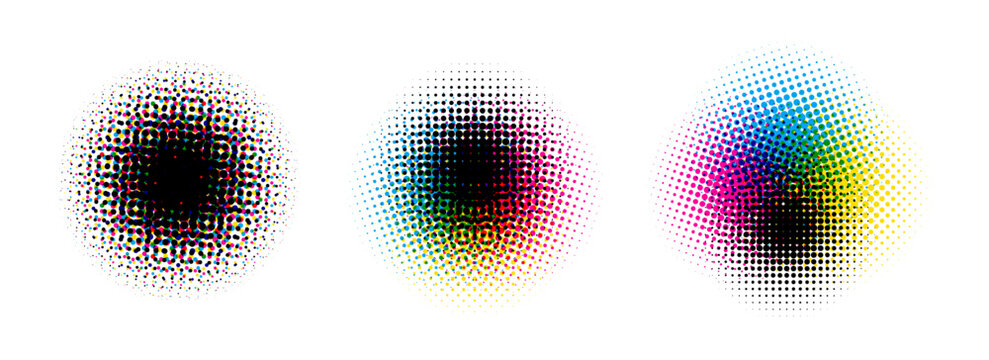 Halftone round background set. CMYK color dotted half tone shapes. Grunge ink press splash stains and blots. CMYK textured pixelated circle gradient collection. Print production glitch. Vector