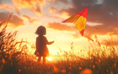 A silhouette of a child holding a colorful kite soaring in the wind, set against a bright sunset sky, soft lighting, ultrarealistic, 4K detail