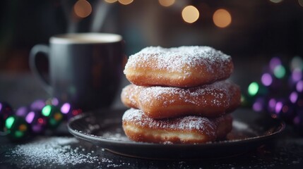 A stack of beignets dusted with powdered sugar sits on a dark plate, with a blurred coffee cup in the background and subtle Mardi Gras beads adding a festive touch.