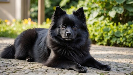 Black german spitz dog lying outside in the garden