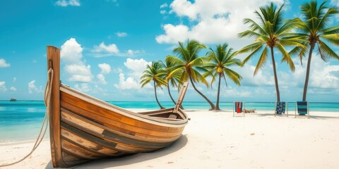 Fototapeta premium A vintage wooden boat rests on a calm ocean beach lined with palm trees and colorful beach towels, natural beauty, sun-bleached wood