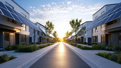 Sustainable community with solar panels and greenery at sunset