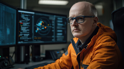 focused man in orange jacket analyzes cyber attack data on multiple screens