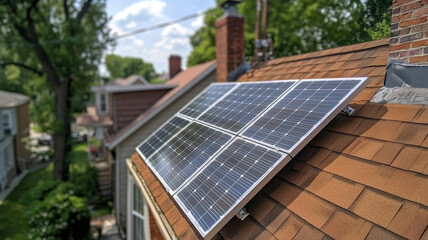 Fototapeta premium Solar panels installed on residential roof, showcasing renewable energy