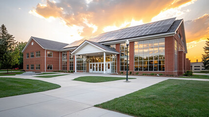 Obraz premium modern corporate office building with solar panels and green landscaping