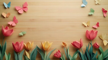 Springtime Papercraft: Colorful paper tulips and butterflies arranged on a light wood background, creating a cheerful spring scene perfect for cards, invitations or blogs.