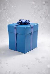 A white background with a blue Christmas gift box in the center, holiday decoration, christmas present, christmas gift box