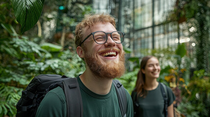 Fototapeta premium Joyful man laughing in lush greenhouse with woman nearby