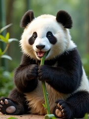  A close-up shot of a panda sitting and eating bamboo, with photorealistic details on its fur, paws, and bamboo stalks