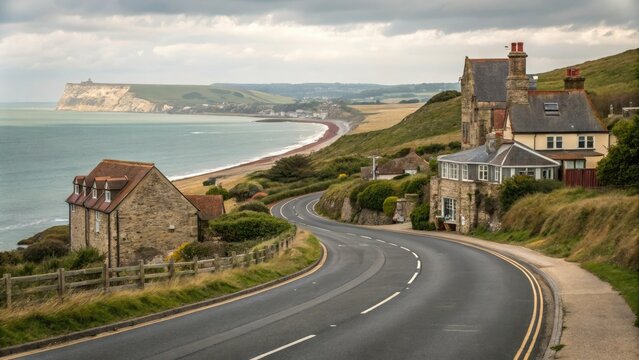 A winding coastal road with a mix of old and new buildings leading to the sea in the background on the Isle of Wight, beach scenery, British seaside