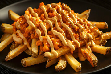 Overloaded fries with spicy nacho cheese and a drizzle of chipotle mayo. (Generative AI)