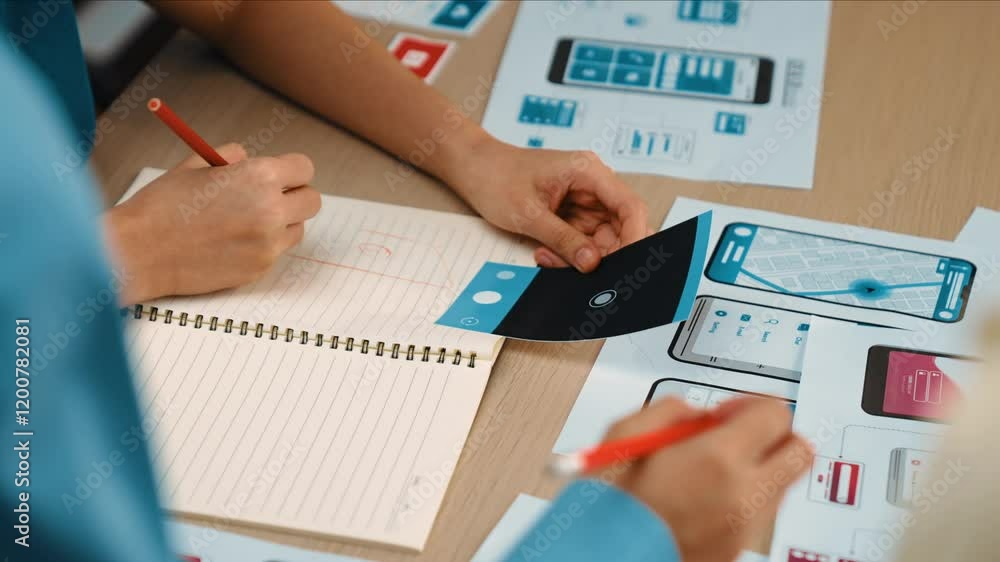 Poster panorama video of startup ux developer or company employee design user interface or ui prototype for
