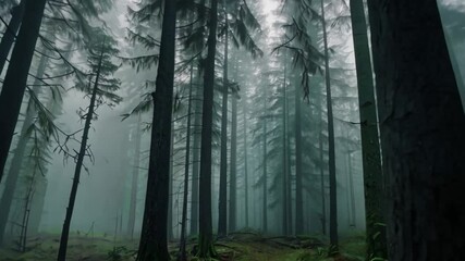 Misty forest, tall trees, moss, fog, background, nature, game design