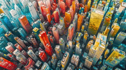 Modern city aerial view and communication network, vibrant colors