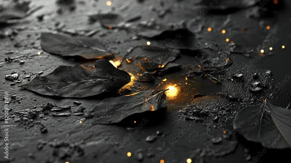 Poster leaves scattered on dark surface with glowing particles creating an enchanting autumn ambiance in lo