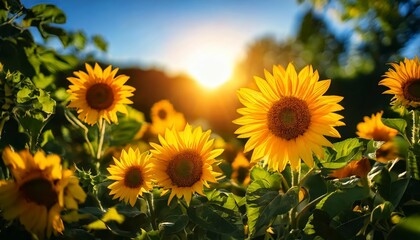 A field of sunflowers with a sun in the background
