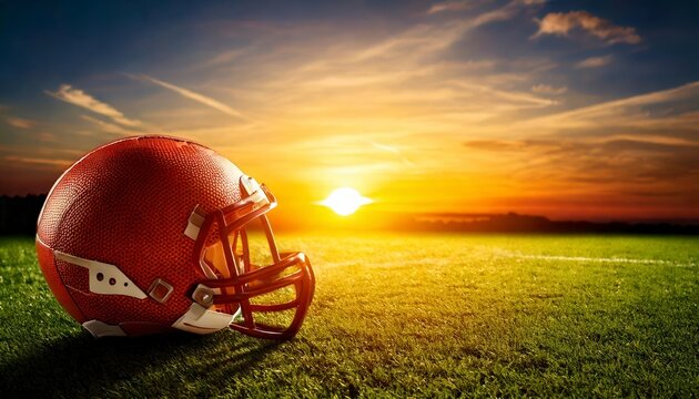 A football helmet is sitting on a field at sunset - Powered by Adobe
