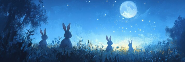 Bunny Silhouettes in Moonlight - A magical scene with bunny shapes appearing in the night sky, glowing like constellations