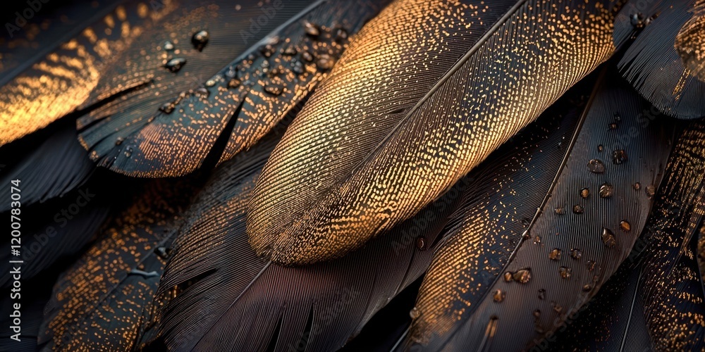 Poster close up of a feather with a gold and black pattern