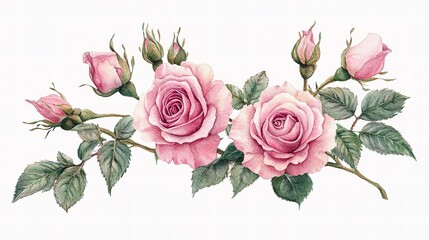 Pink Rose Bouquet:  A delicate cluster of pink roses, fully bloomed and in bud, gracefully arranged on a vine with lush green leaves. This watercolor illustration evokes elegance and romance. 