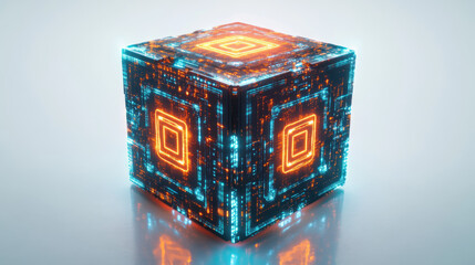 Obraz premium A futuristic metallic cube, intricate glowing patterns resembling microchips, illuminated in cyan and orange neon