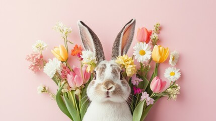 easter bunny with blooming spring flowers